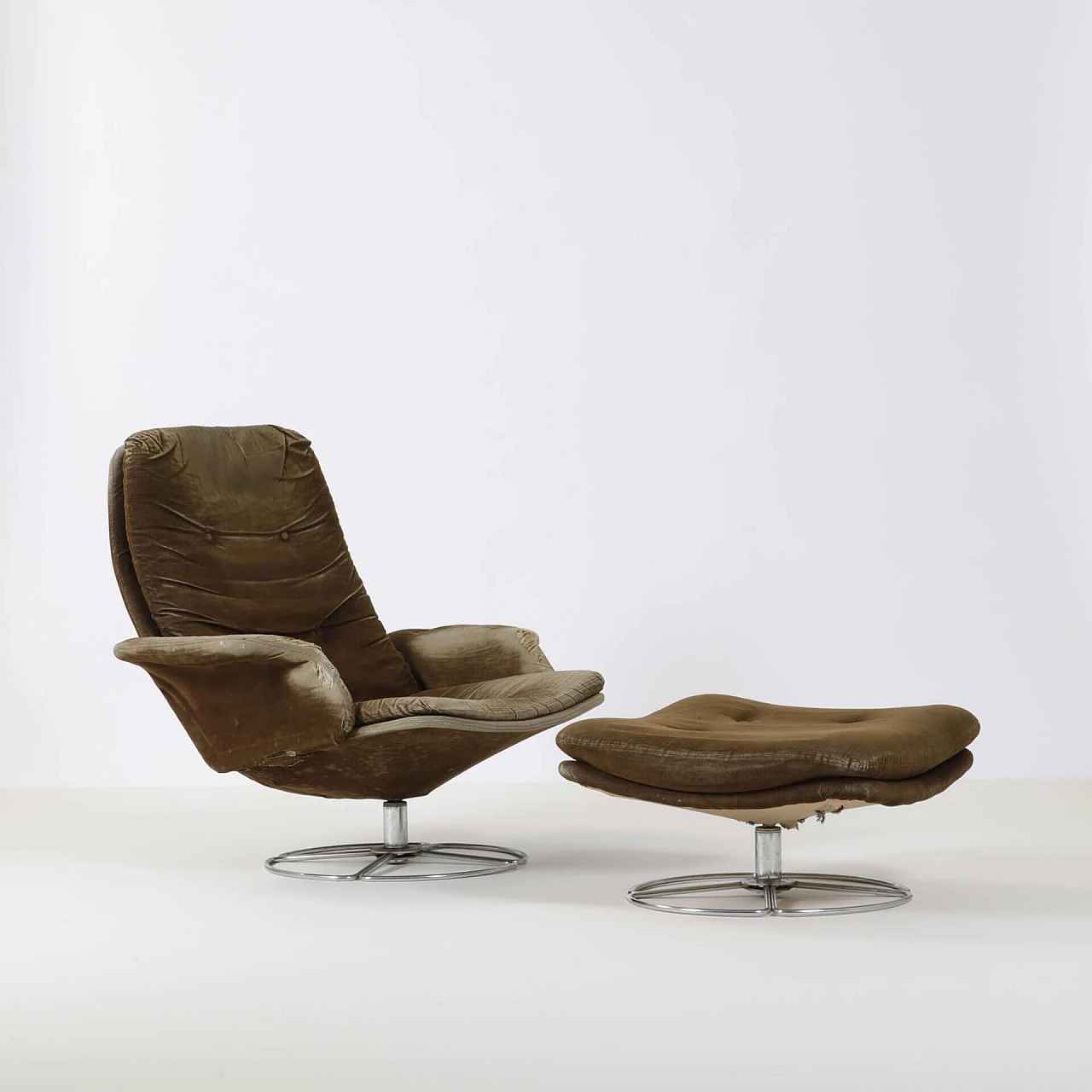 Wood and chromed metal armchair with footstool, 1960s 1240056