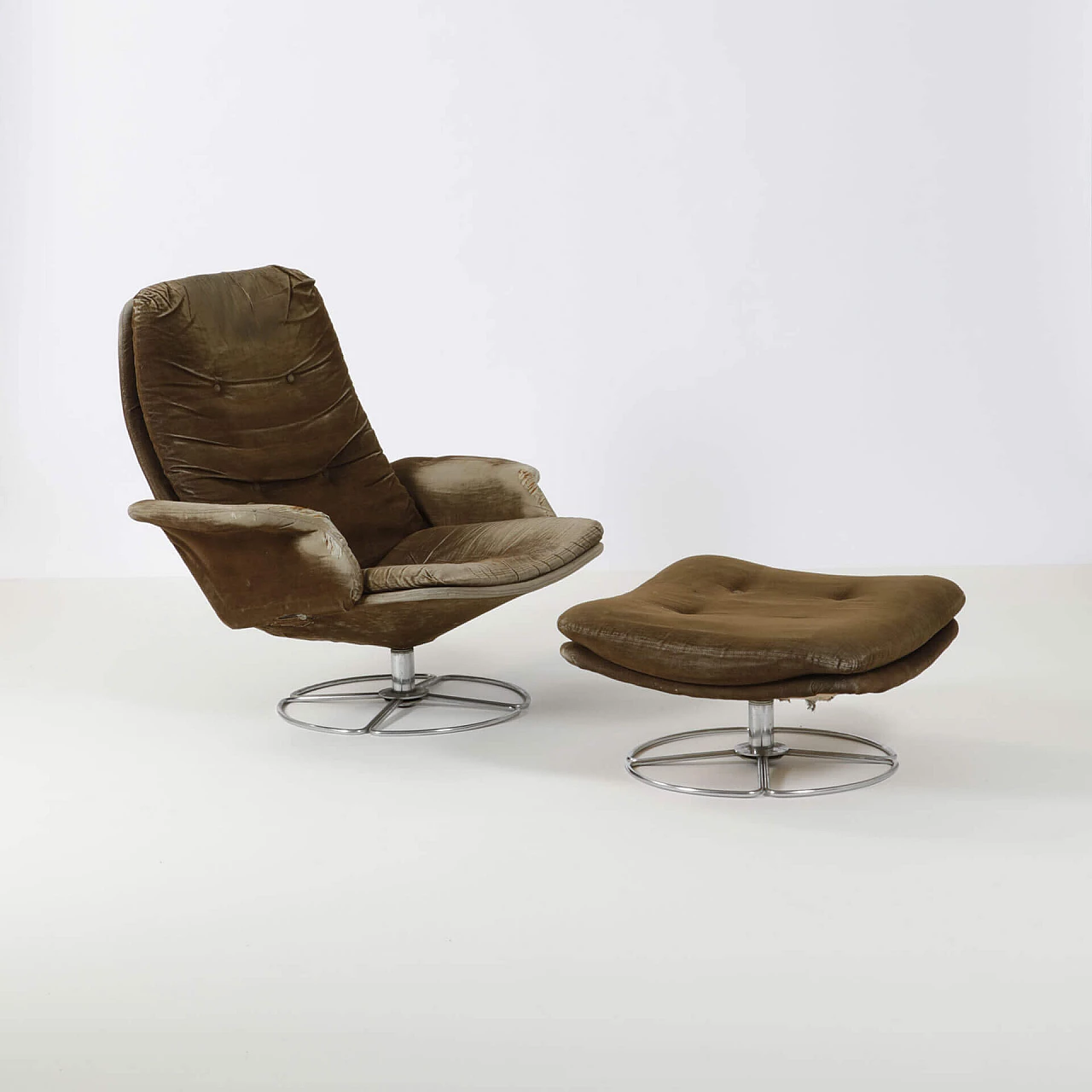 Wood and chromed metal armchair with footstool, 1960s 1240057