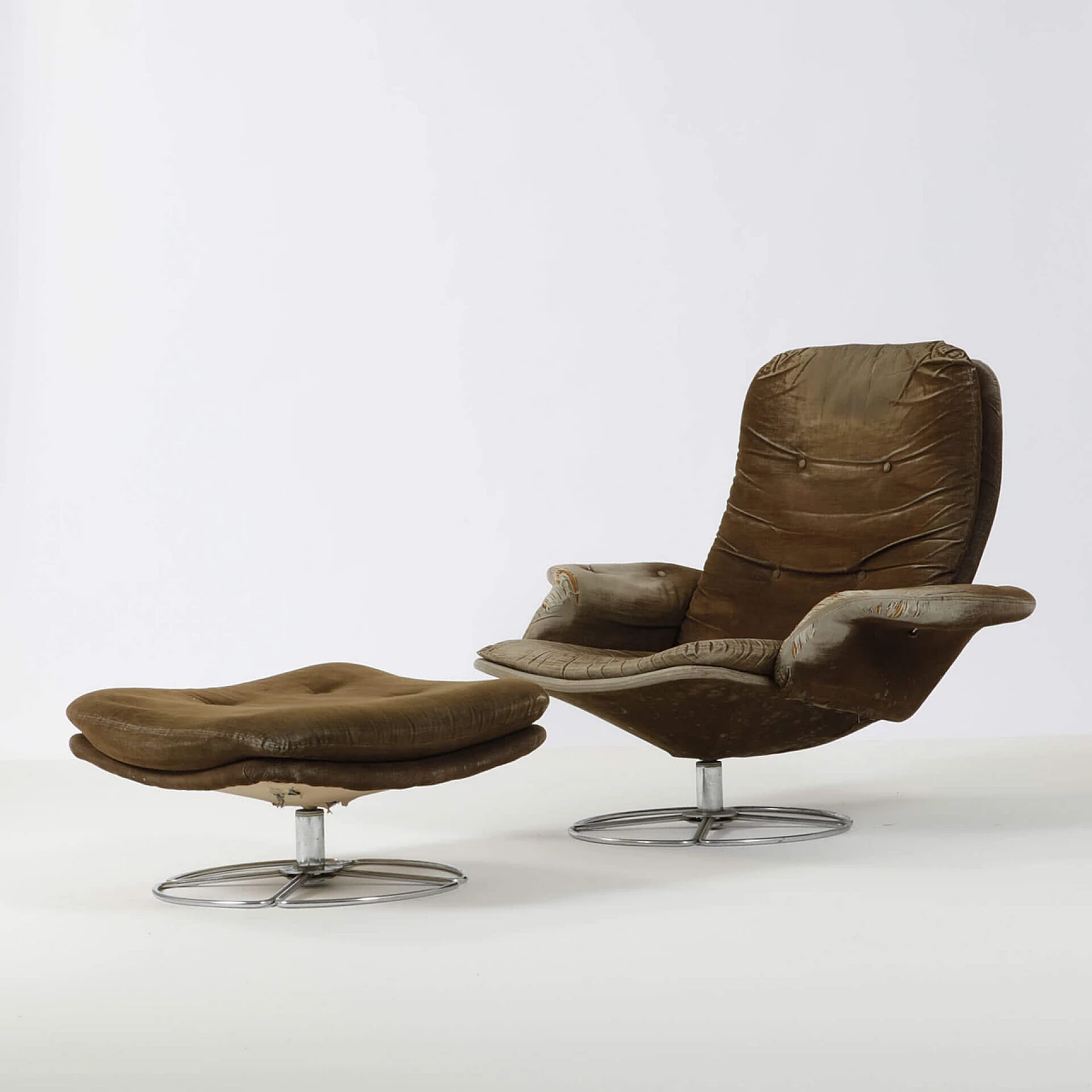Wood and chromed metal armchair with footstool, 1960s 1240058