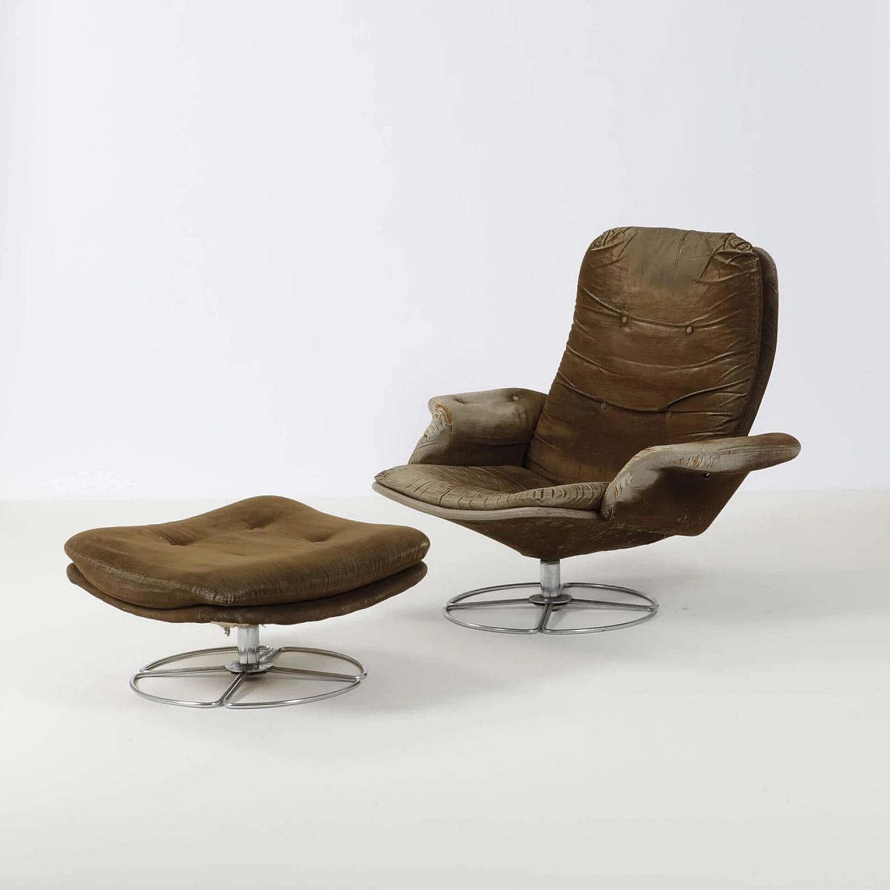 Wood and chromed metal armchair with footstool, 1960s 1240059