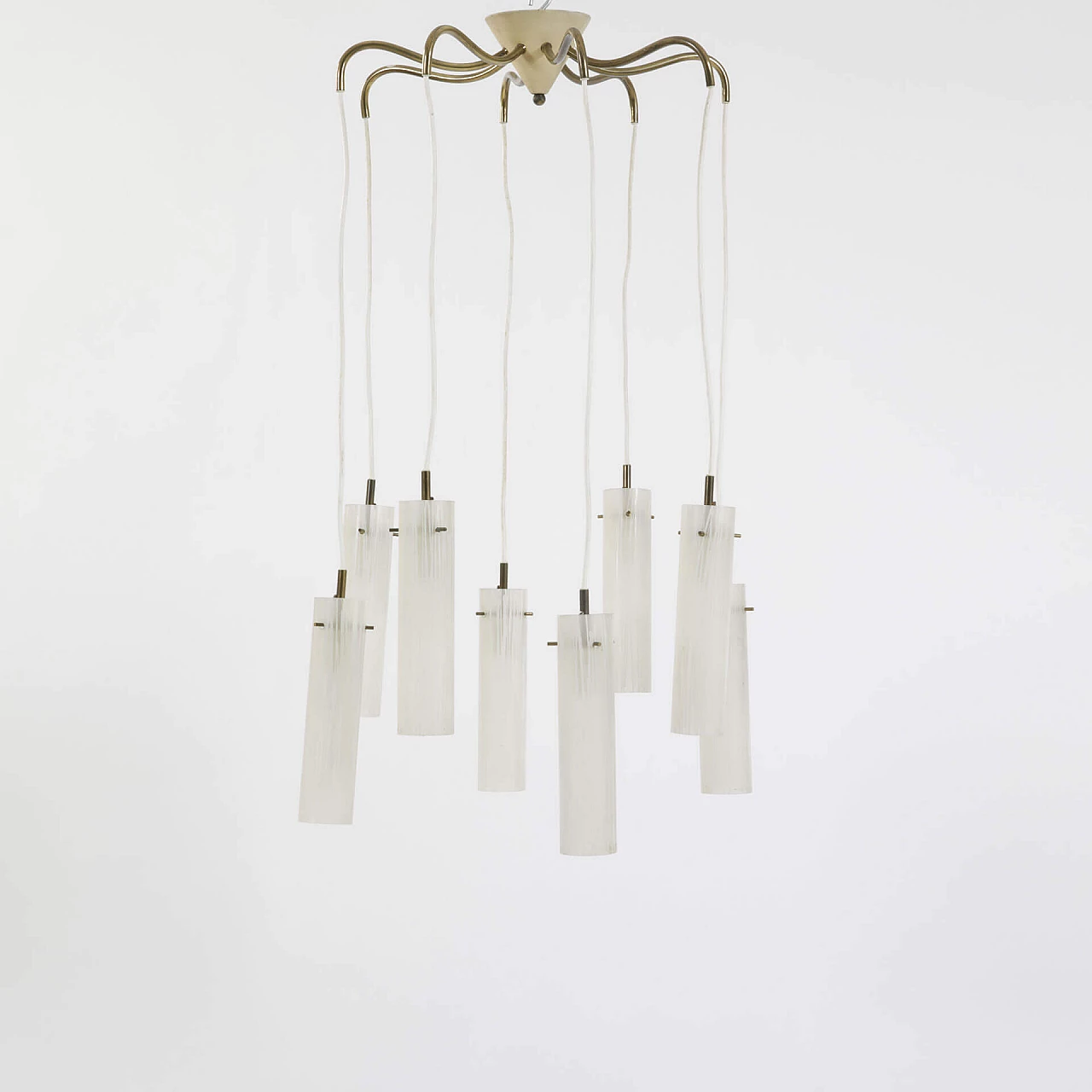 Chandelier in brass and metal with 8 frosted glass diffusers, 50s 1240209