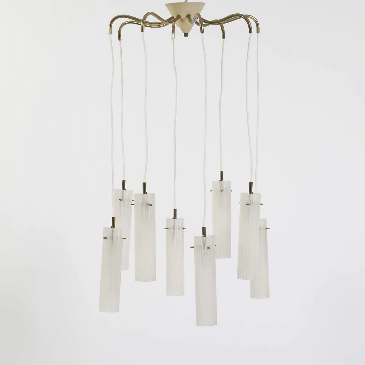 Chandelier in brass and metal with 8 frosted glass diffusers, 50s 1240210