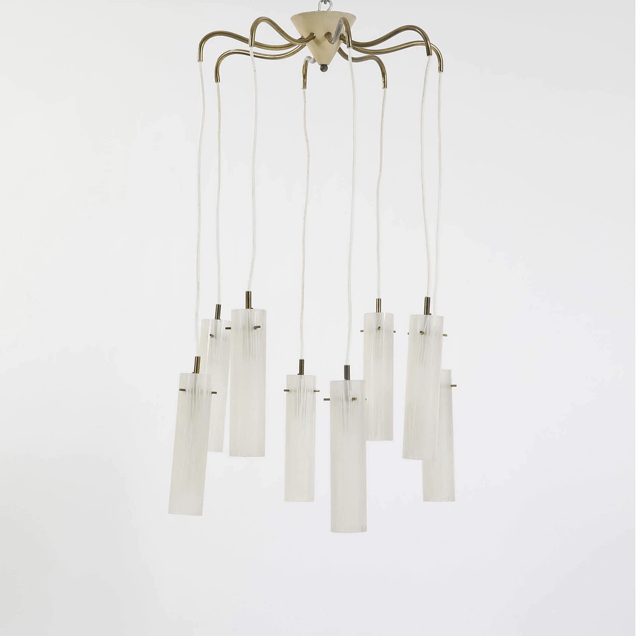 Chandelier in brass and metal with 8 frosted glass diffusers, 50s 1240211