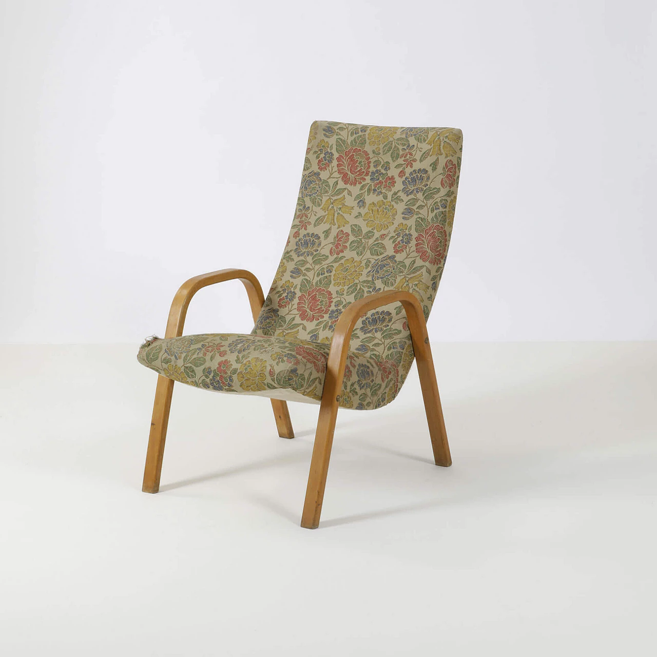 Armchair with arms in wood and floral fabric, 1960s 1240222
