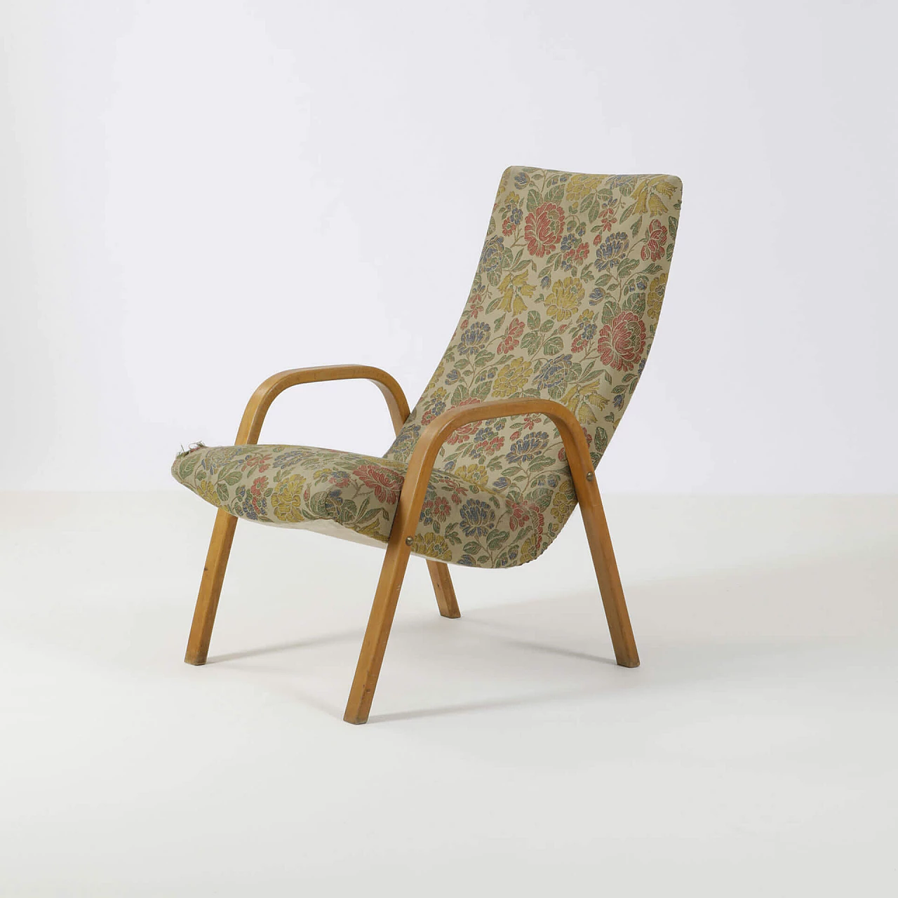 Armchair with arms in wood and floral fabric, 1960s 1240223