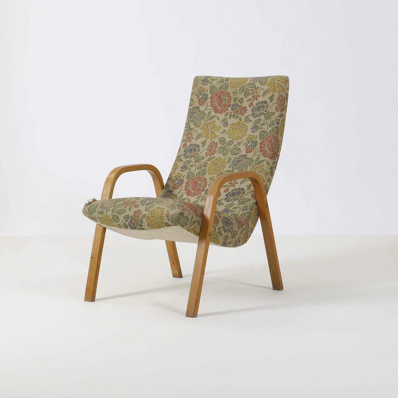 Armchair with arms in wood and floral fabric, 1960s 1240224