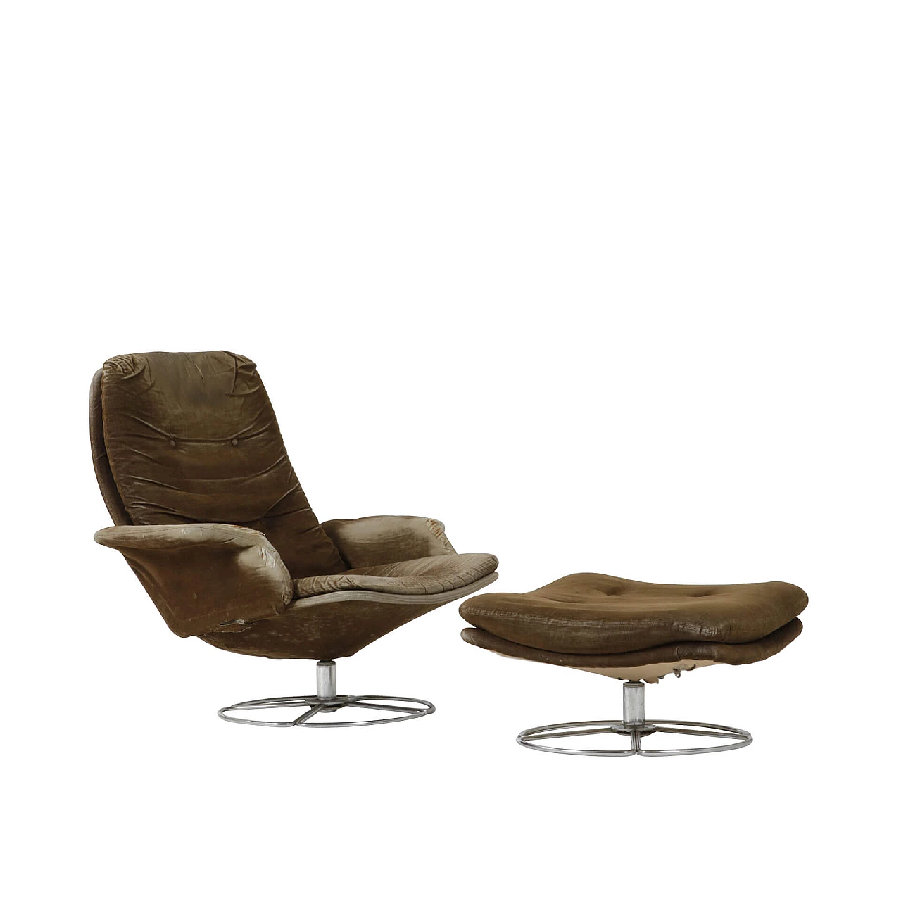 Wood and chromed metal armchair with footstool, 1960s 1240491
