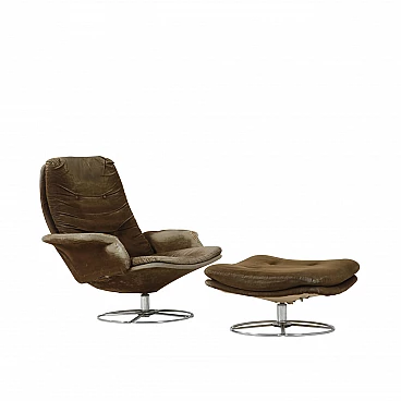Wood and chromed metal armchair with footstool, 1960s