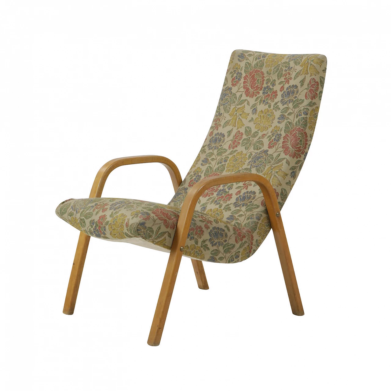 Armchair with arms in wood and floral fabric, 1960s 1240519