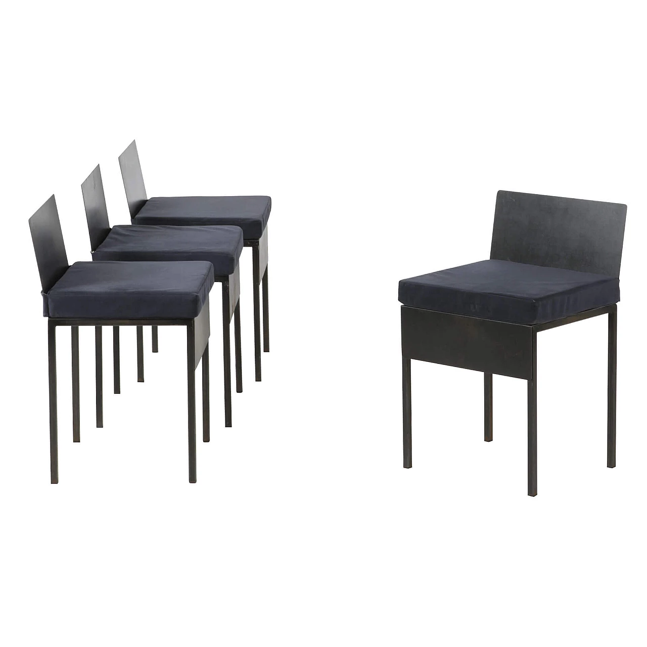 4 Chairs with iron structure and velvet cushions, 80s 1240565