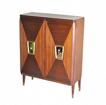 Bar cabinet in walnut, brass and frosted glass in the style of Luigi Poppio by La Permanente Mobili Cantù, 40s