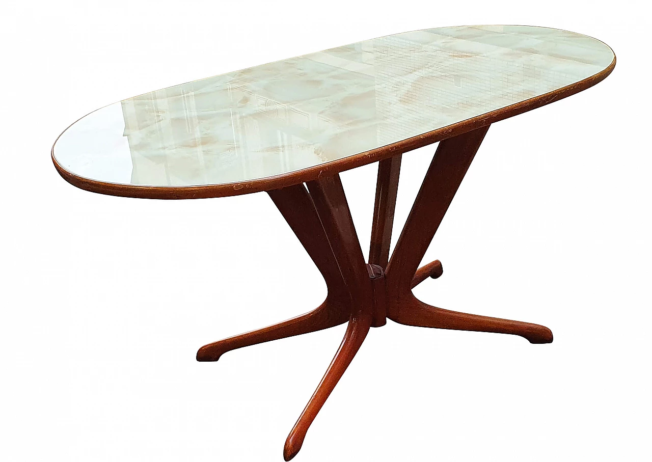 Tavolo in legno con piano in vetro retrodipinto, anni '50 1241110
