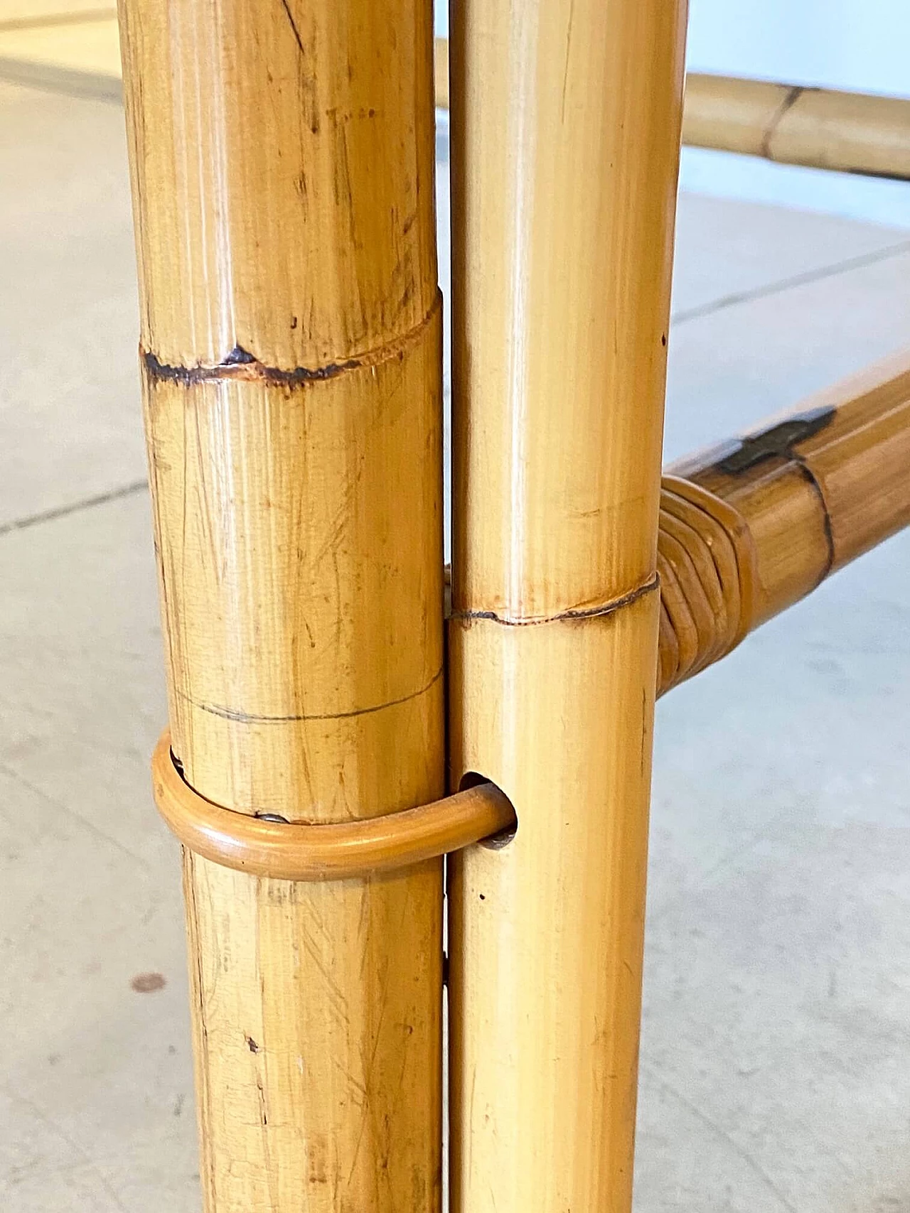 Bamboo table with smoked glass top, 70s 1241181