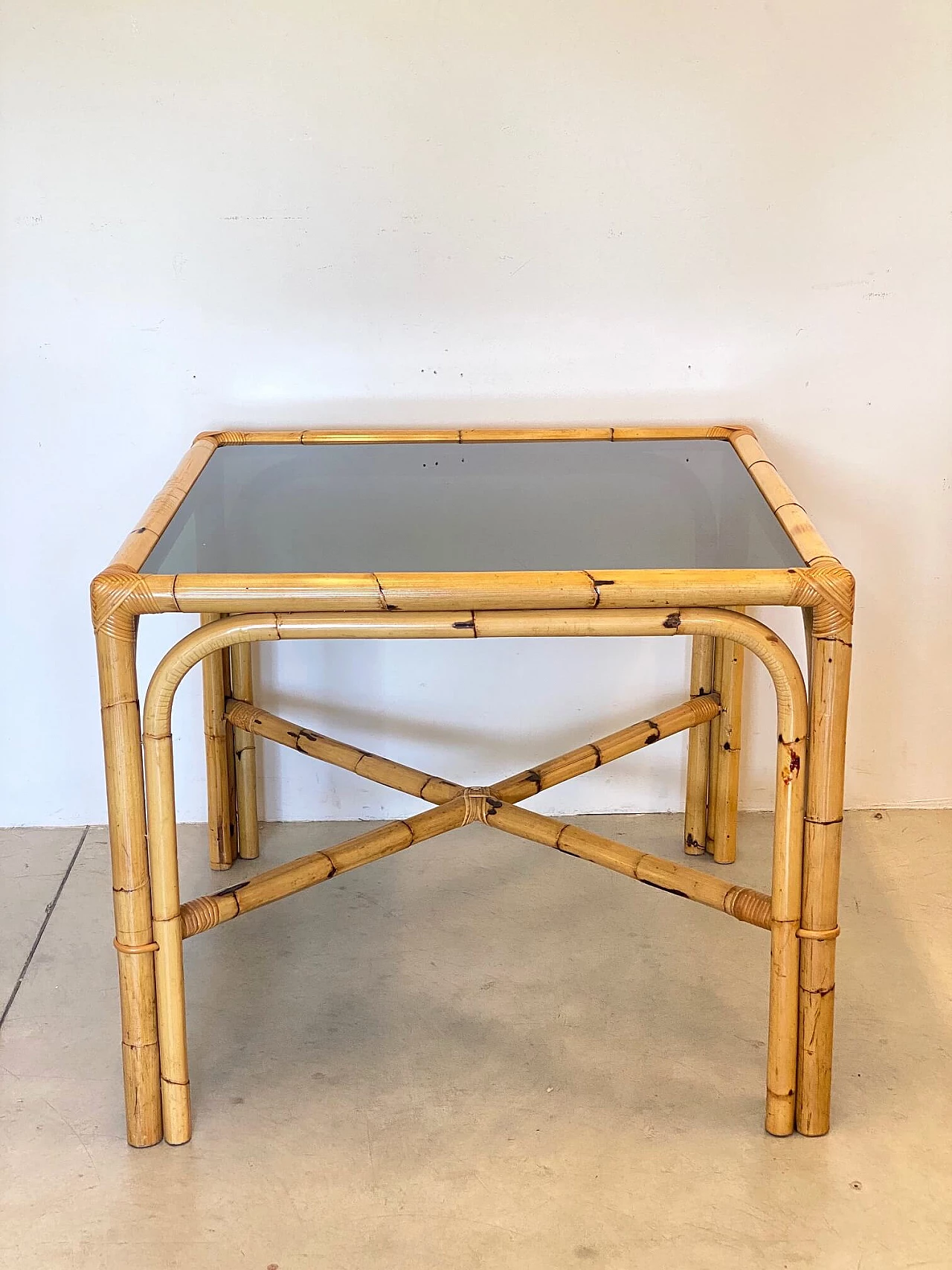 Bamboo table with smoked glass top, 70s 1241182