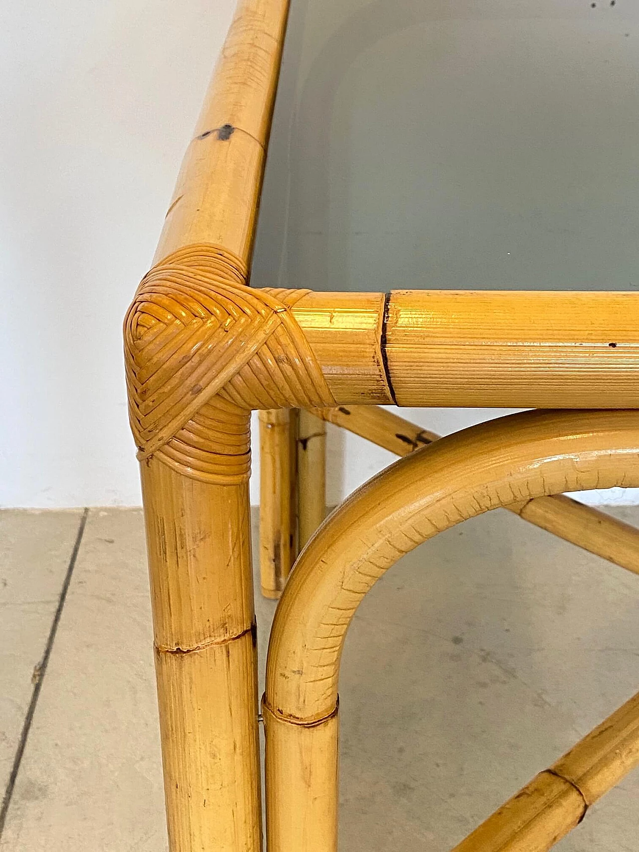 Bamboo table with smoked glass top, 70s 1241183