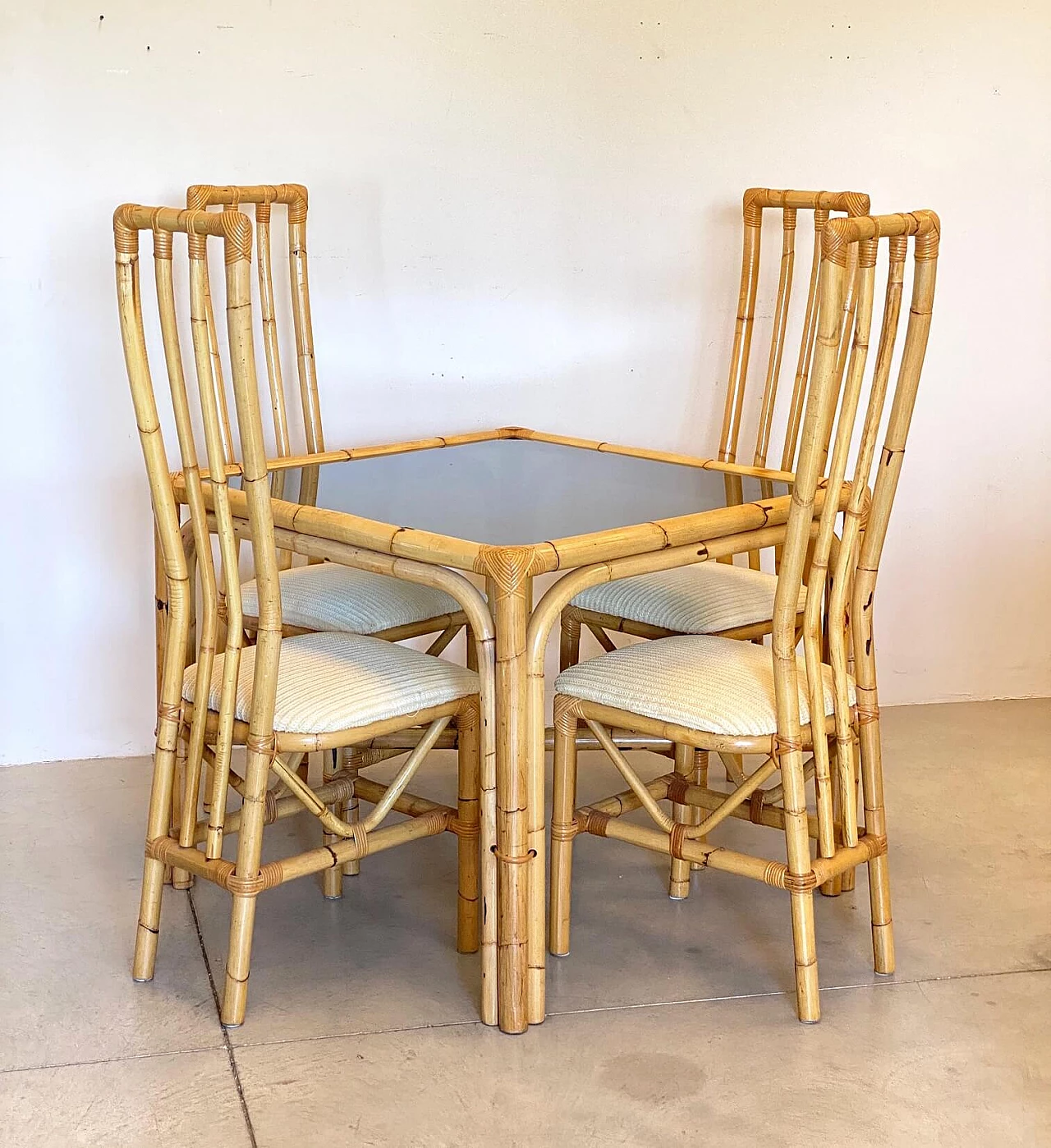 Bamboo table with smoked glass top, 70s 1241184