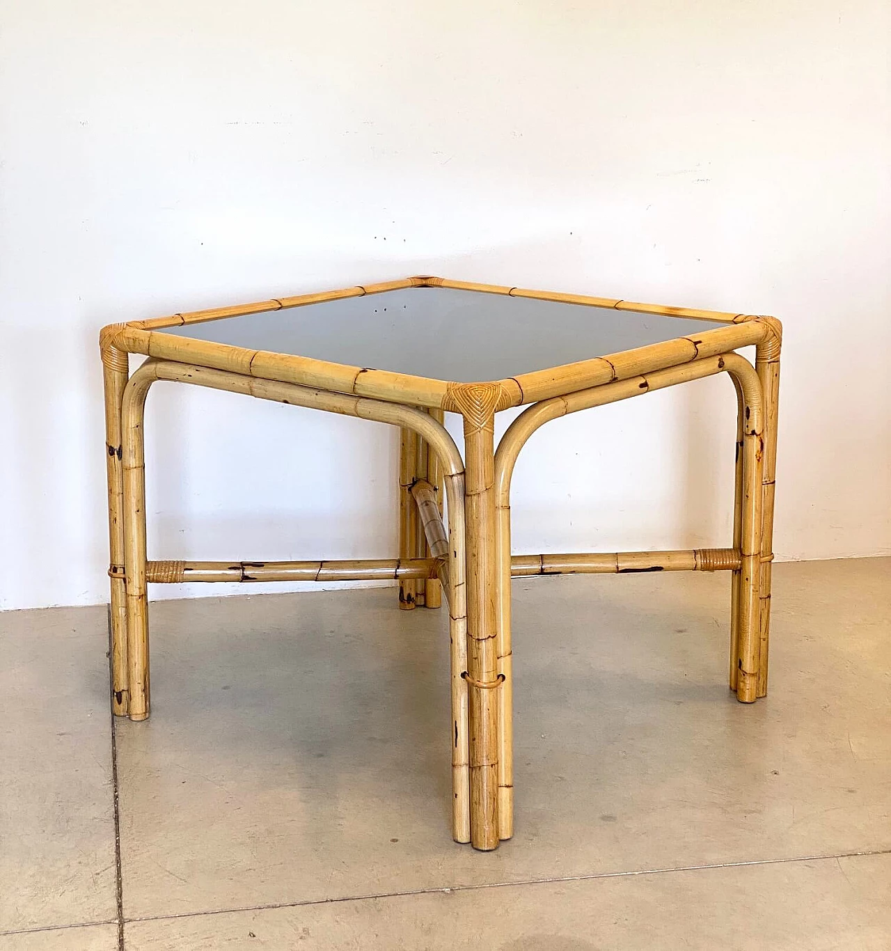 Bamboo table with smoked glass top, 70s 1241186