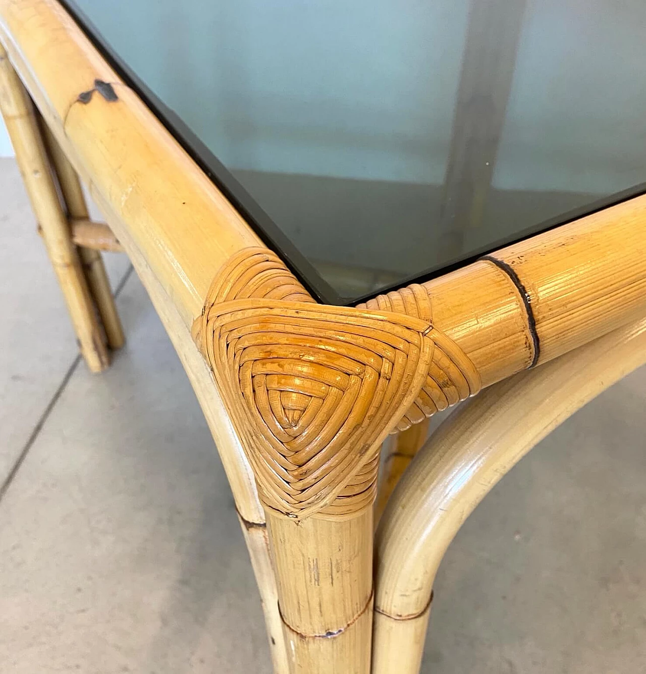 Bamboo table with smoked glass top, 70s 1241187