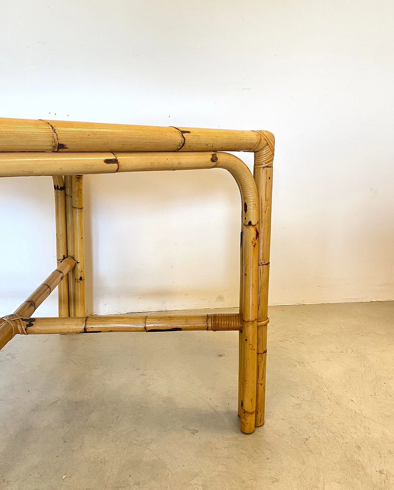 Bamboo table with smoked glass top, 70s 1241188