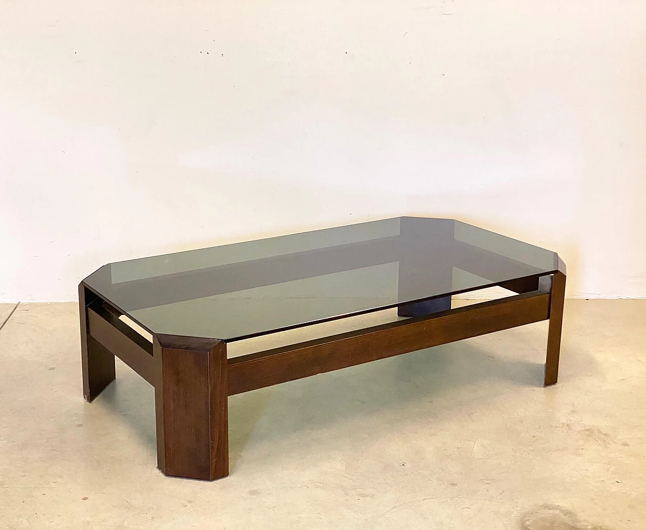 Coffee table in wood and smoked glass, 1970s 1241235