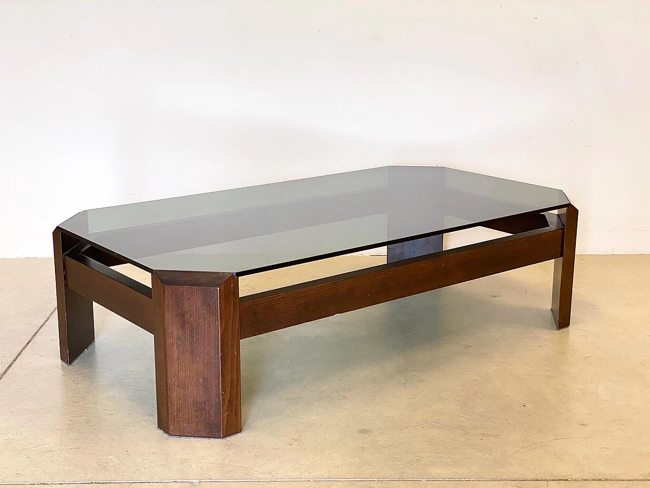 Coffee table in wood and smoked glass, 1970s 1241240