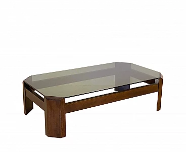 Coffee table in wood and smoked glass, 1970s
