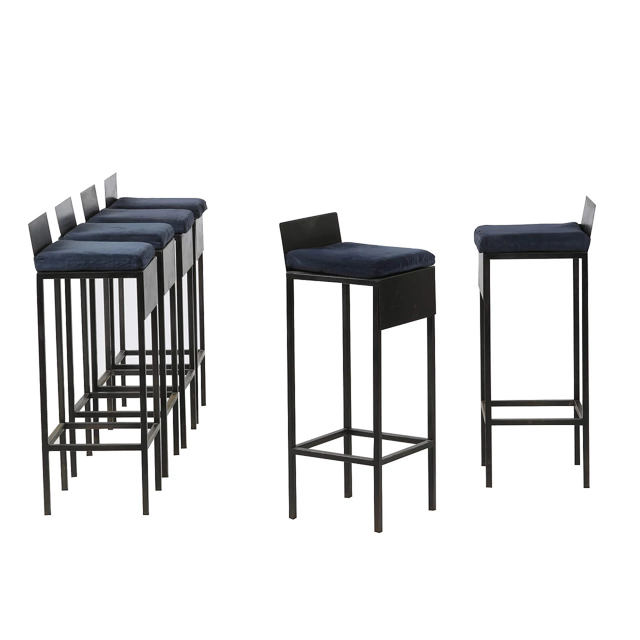 6 Stools with steel frame and dark blue velvet cushions, 80s 1241378