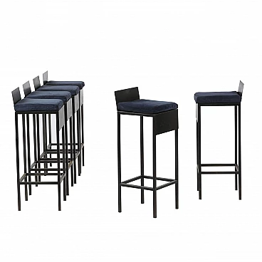 6 Stools with steel frame and dark blue velvet cushions, 80s