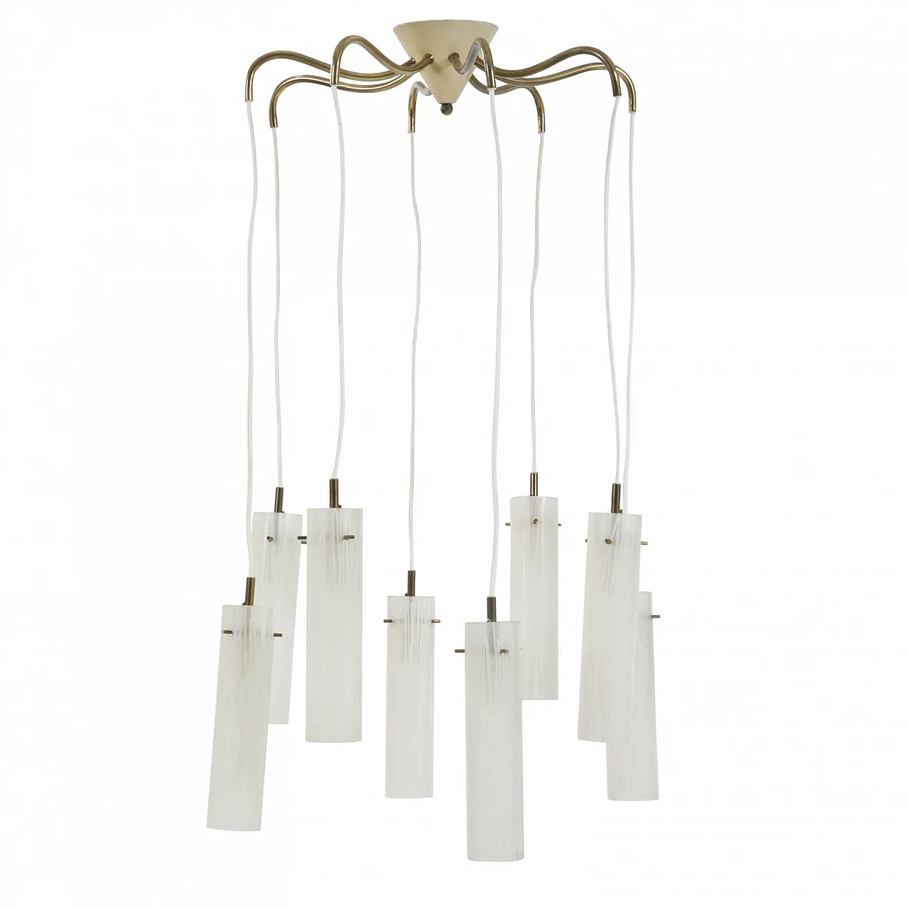 Chandelier in brass and metal with 8 frosted glass diffusers, 50s 1241391