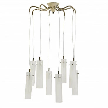 Chandelier in brass and metal with 8 frosted glass diffusers, 50s