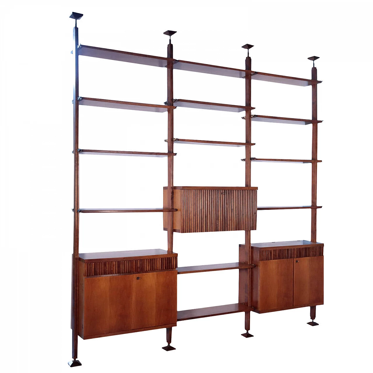 Ceiling bookcase in tanganyika walnut and brass, 50s 1242166