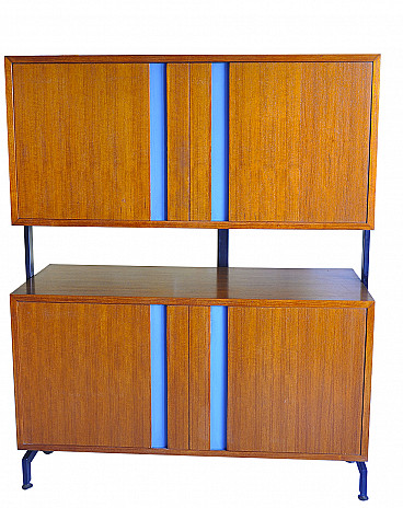 High wooden sideboard with blue inserts, 70s