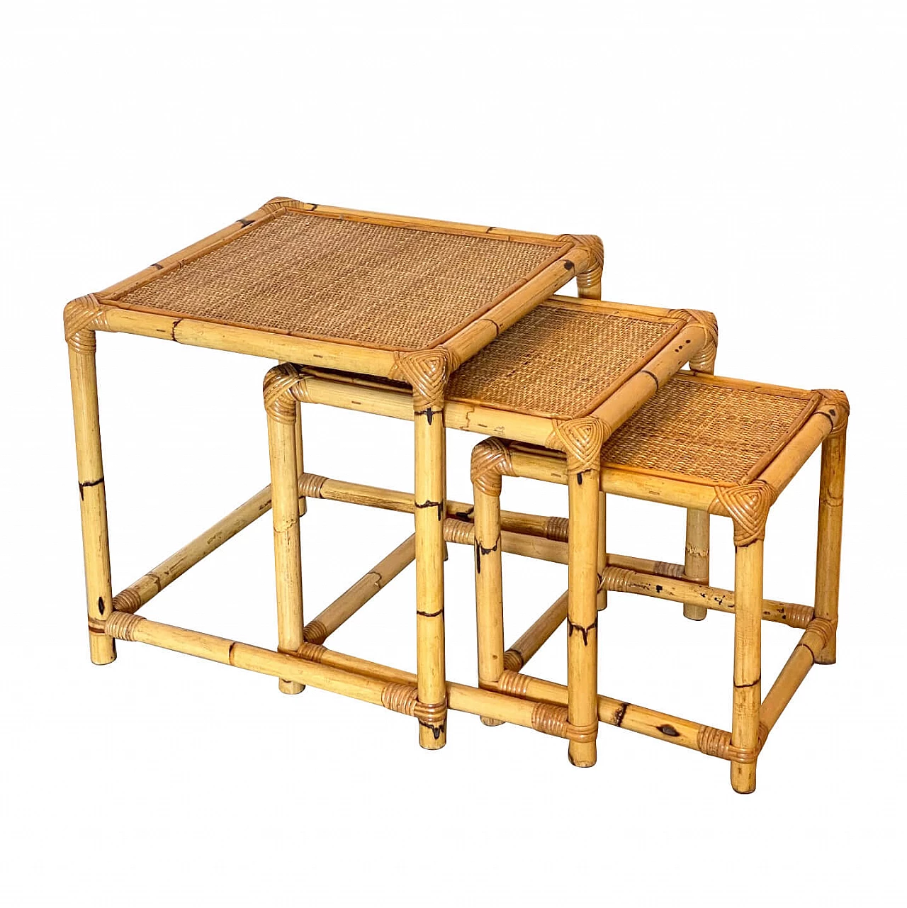 3 Side tables in wicker and bamboo, 70s 1243086