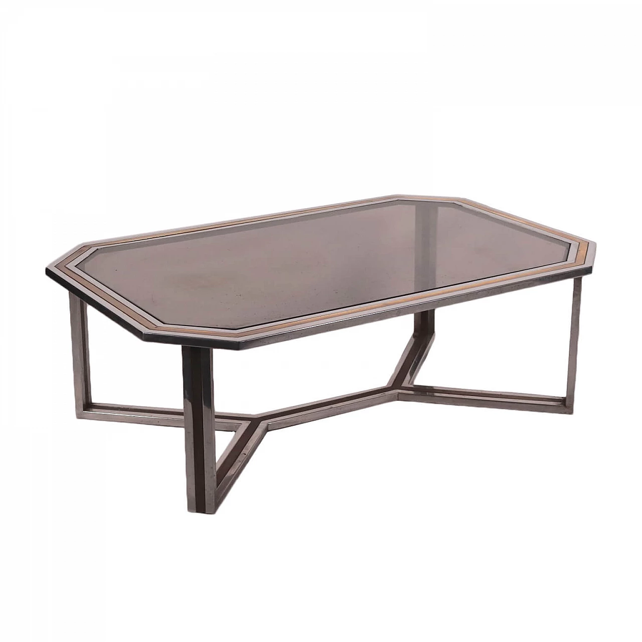 Coffee table in chromed metal, brass and glass, 70s 1243433