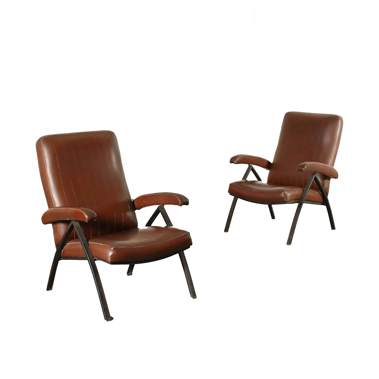 Pair of reclining armchairs in metal and leatherette, 50s 1243460