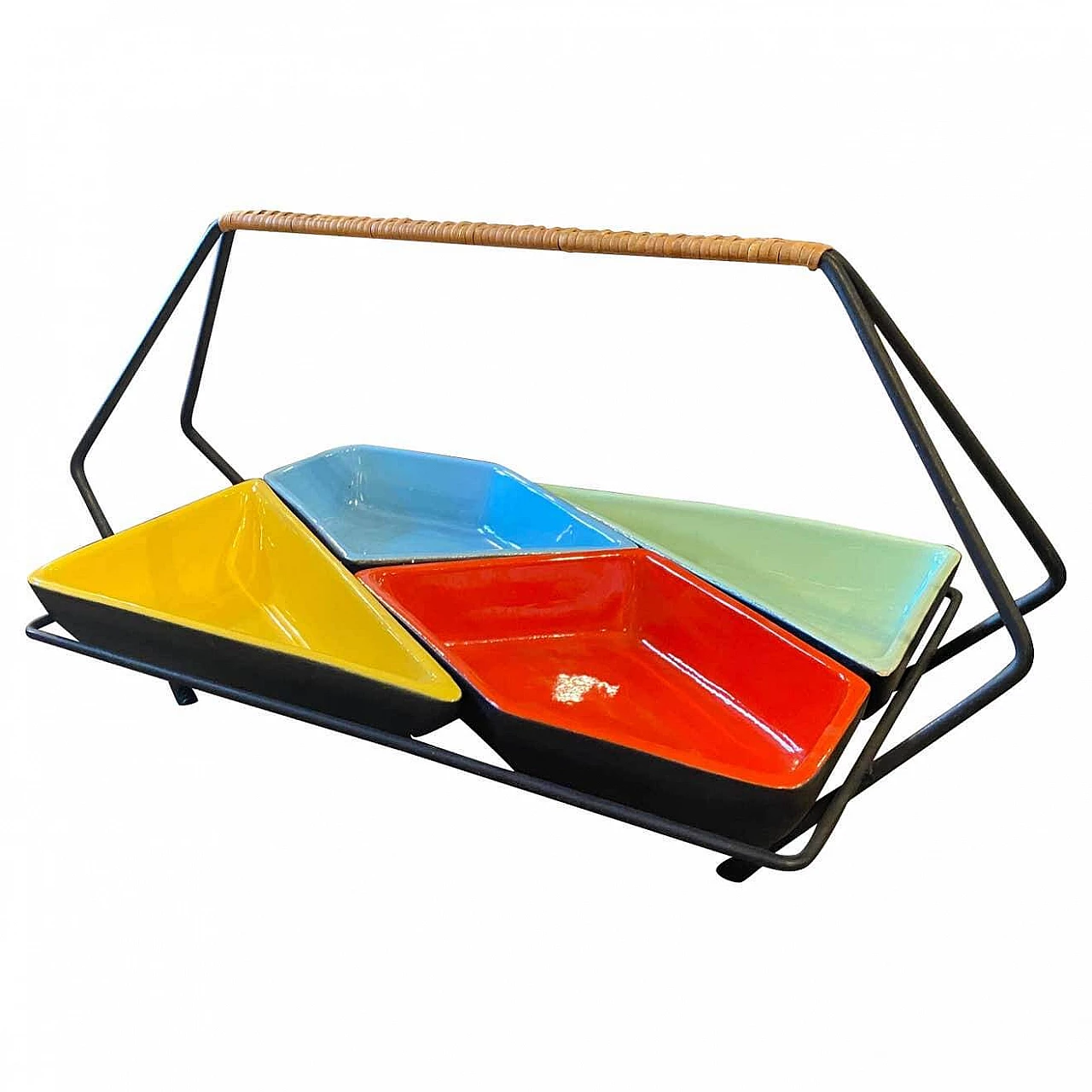 Cestino portavivande in ceramica, vimini e ferro, anni '50 1243662