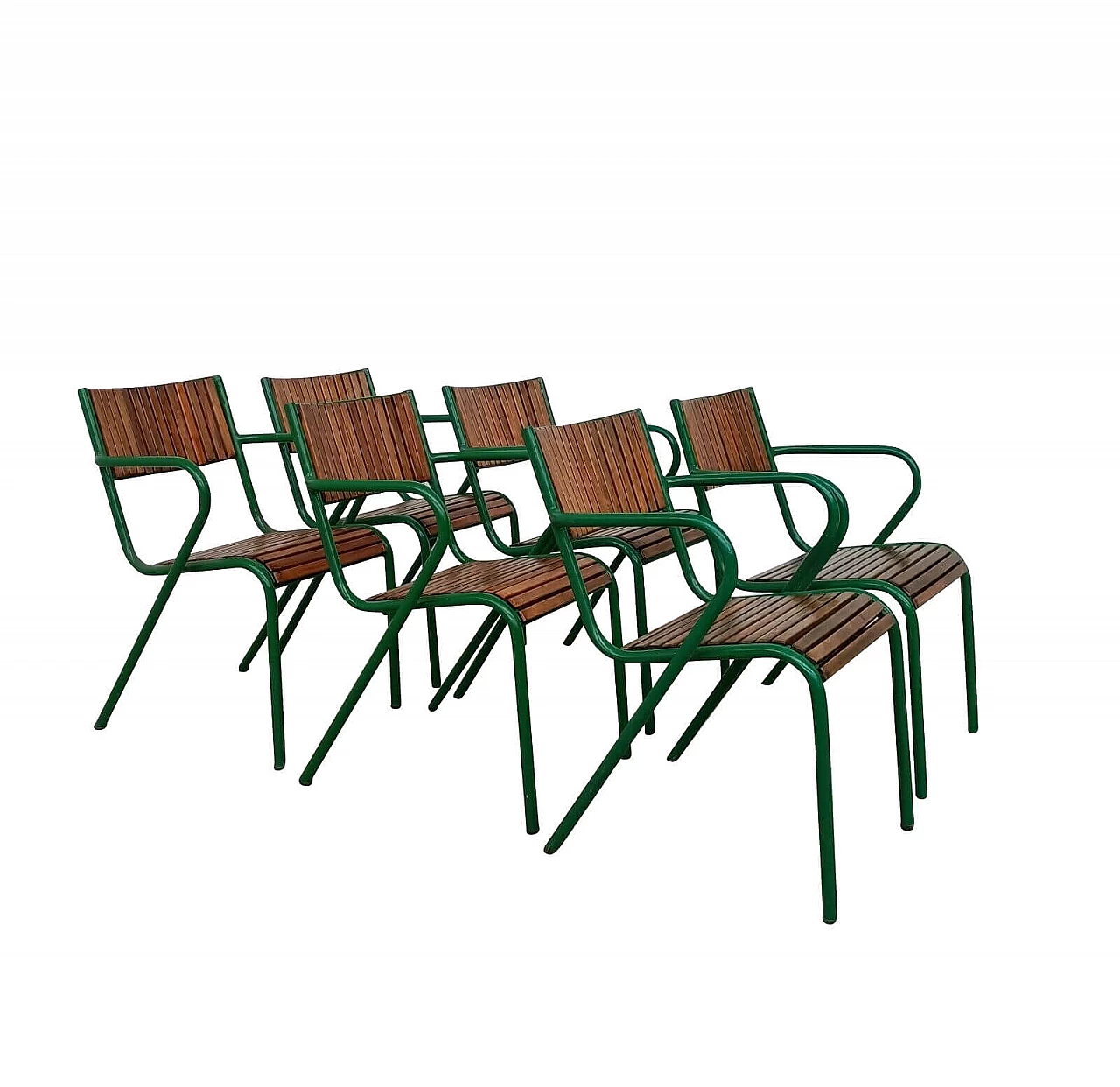 6 Sedie impilabili in ferro e legno, anni '60 1244500