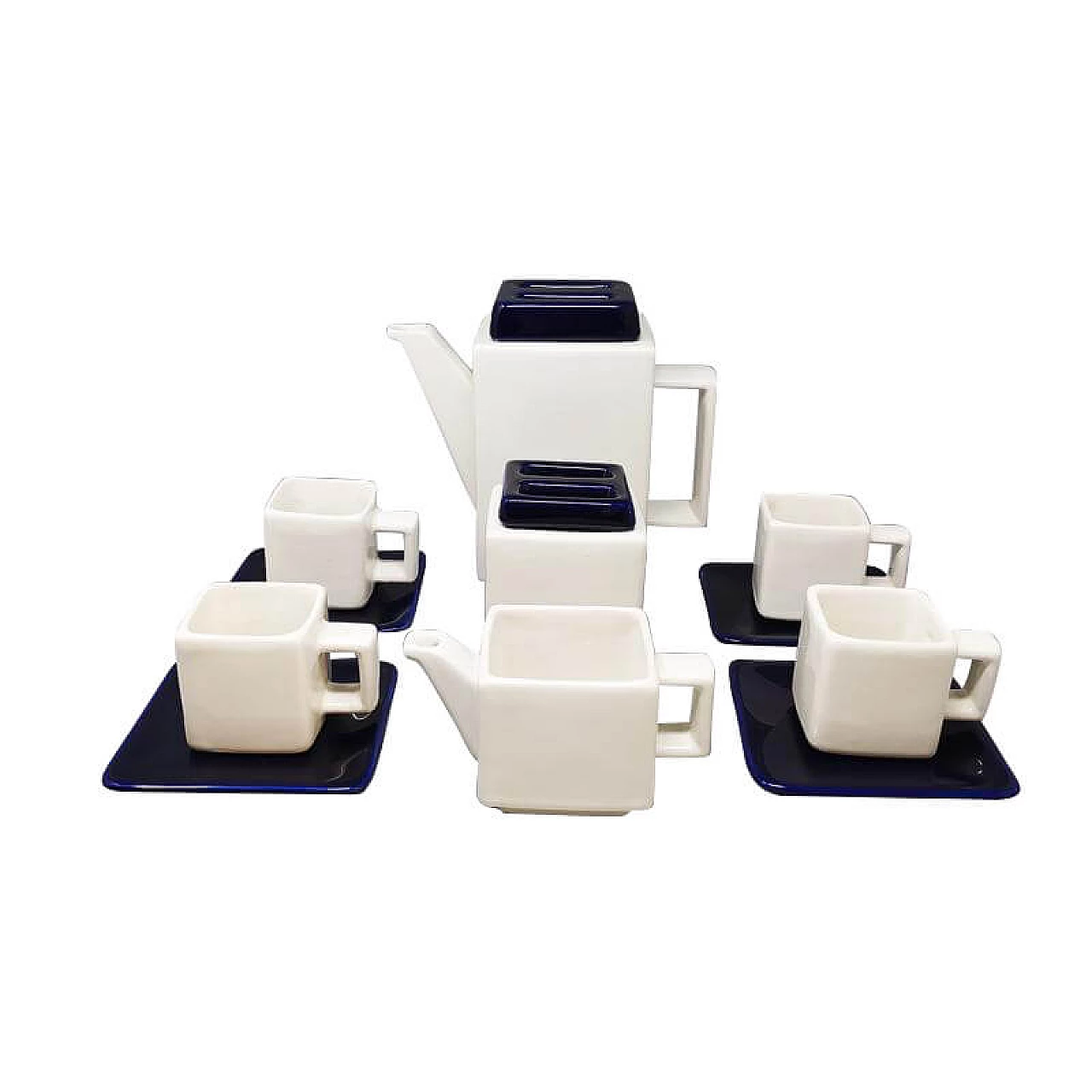 Set da caffè in ceramica bianca e blu dei Fratelli Brambilla, anni '70 1244582