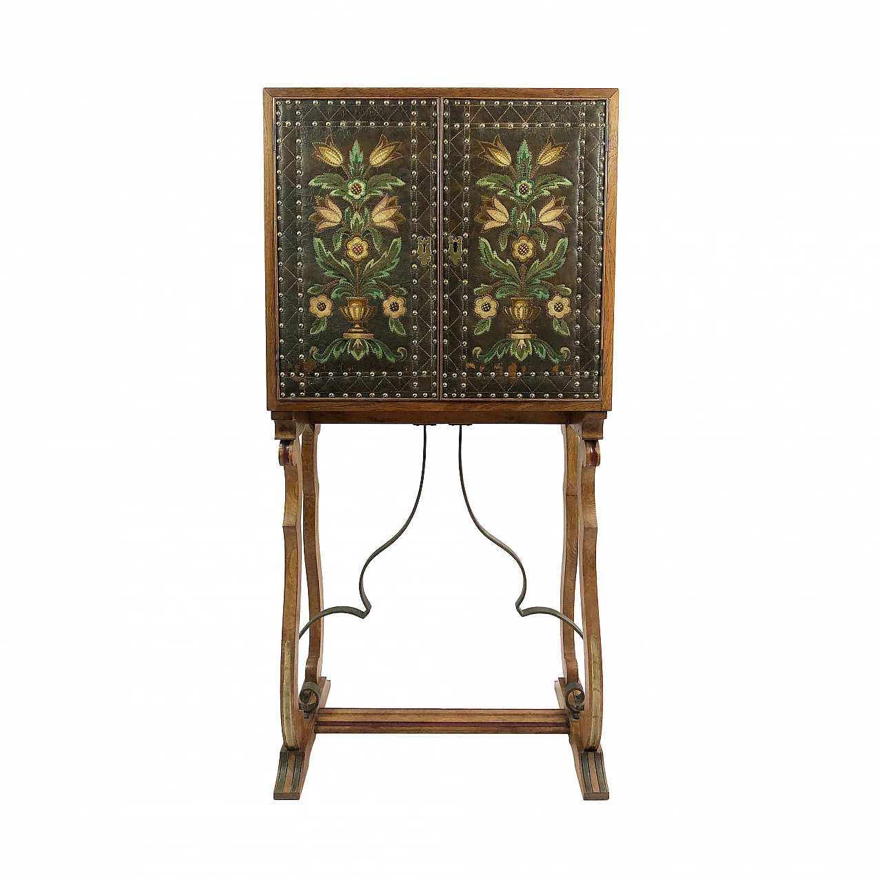 Mobiletto in quercia e pelle in stile revival rinascimentale spagnolo, fine '800 1245325