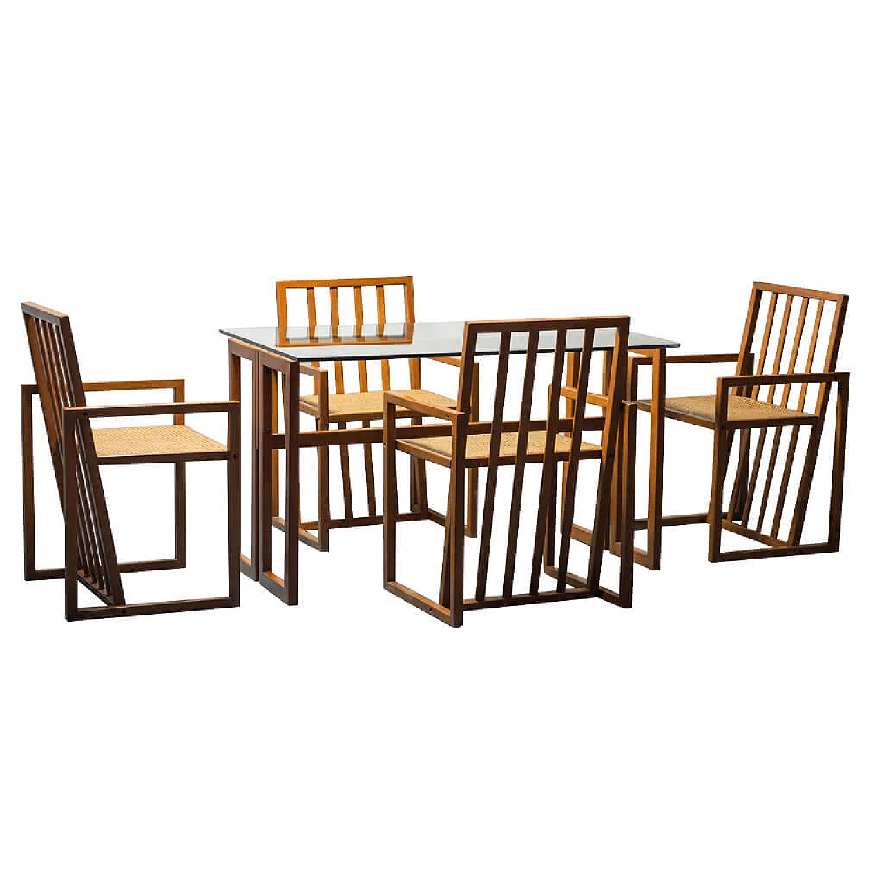 Table with glass top and 4 wooden and Vienna straw chairs, 70s 1245360