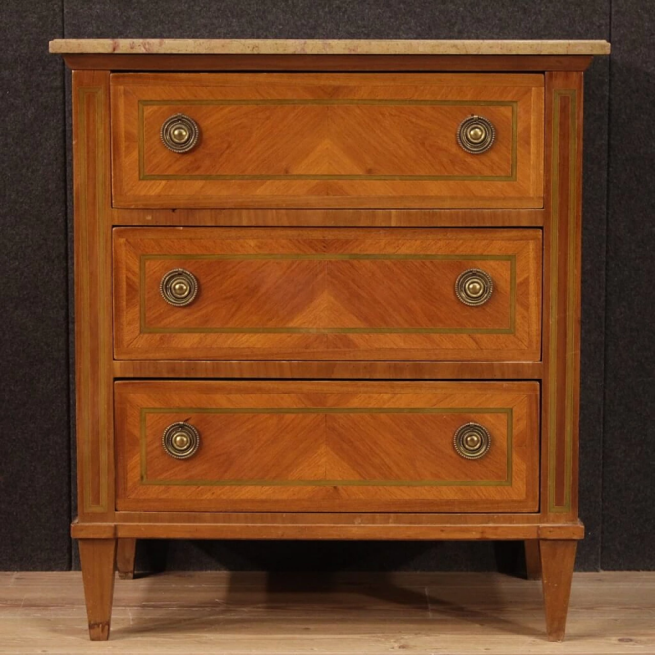 Walnut, mahogany, maple and fruitwood inlaid dresser in Louis XVI style, 1960s 1246004