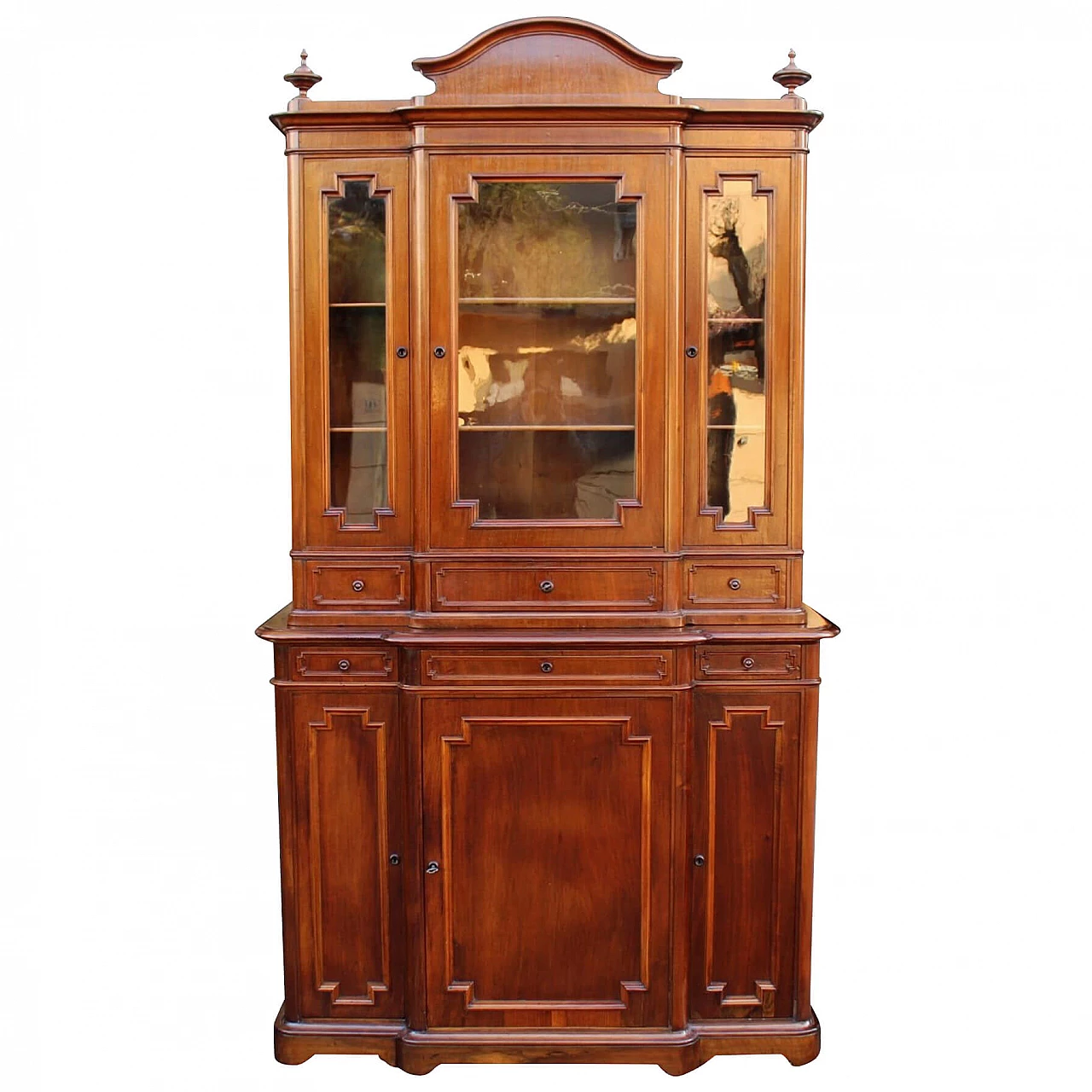 Credenza doppio corpo con vetrina in noce massello, seconda metà dell'800 1246514
