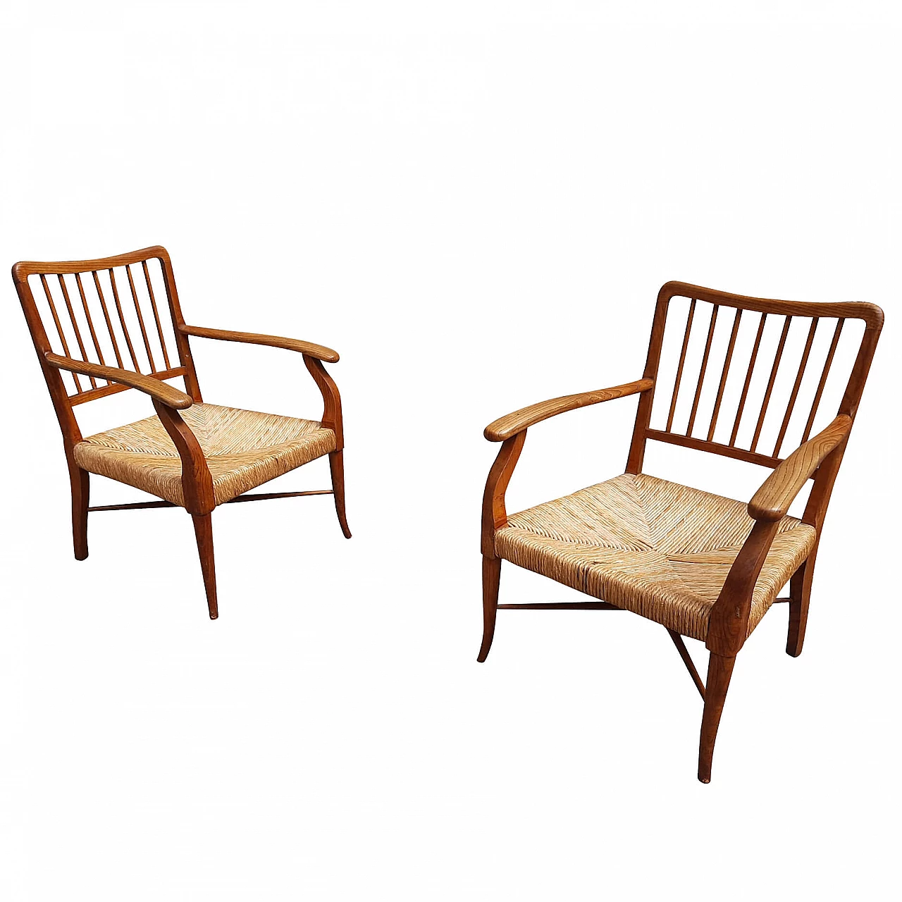 Pair of armchairs by Paolo Buffa with straw seat, 50s 1246553