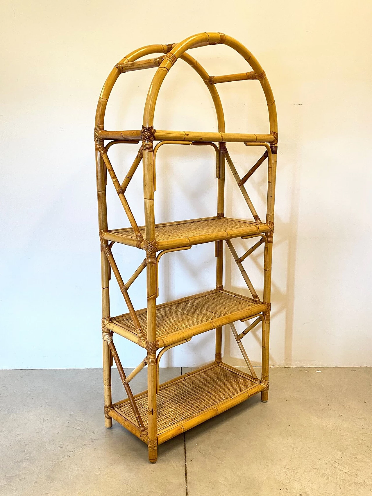 Bookcase in bamboo and wicker, 70s 1246642