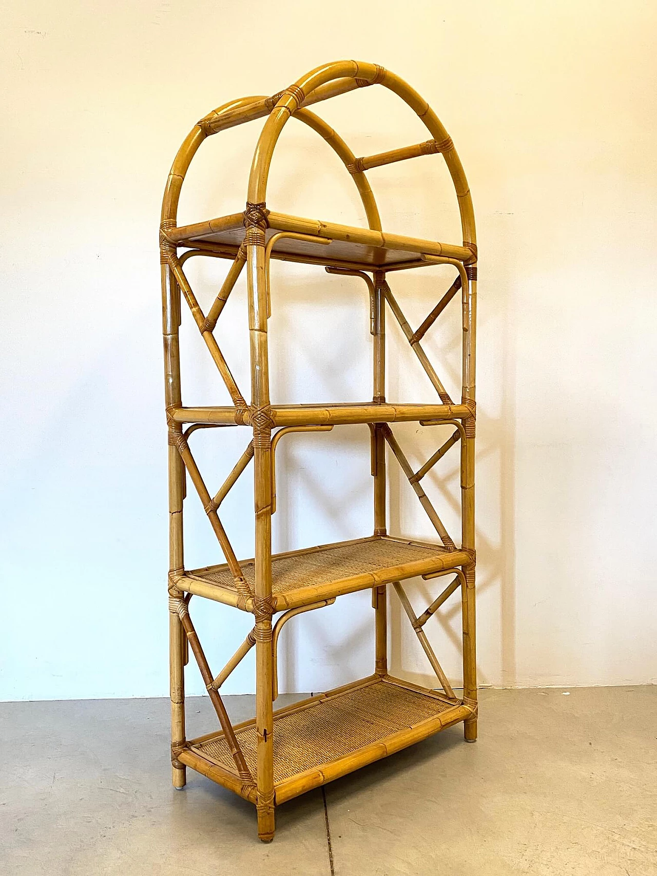 Bookcase in bamboo and wicker, 70s 1246643