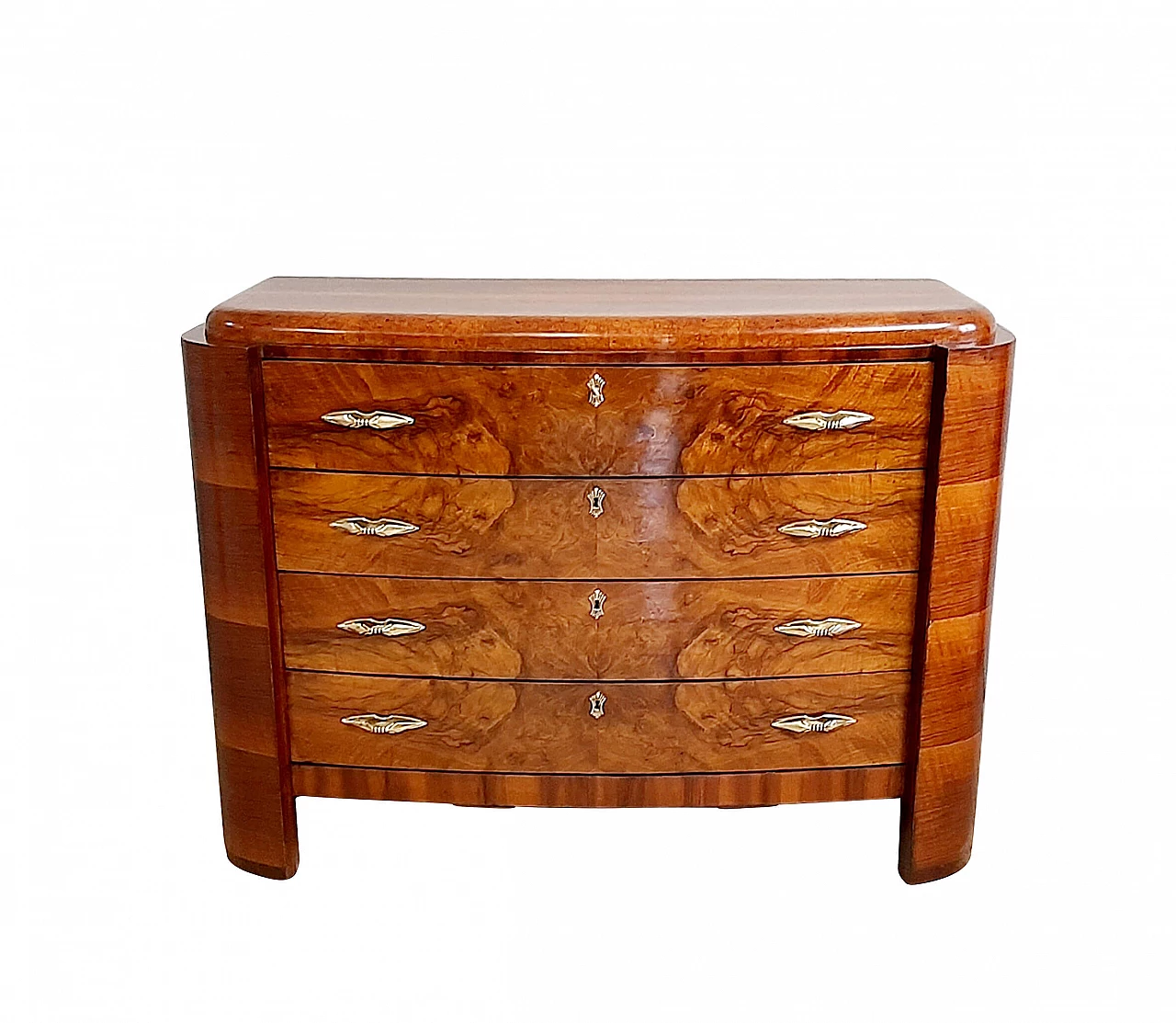 Cassettiera comò in noce biondo e radica, anni '40 1246705