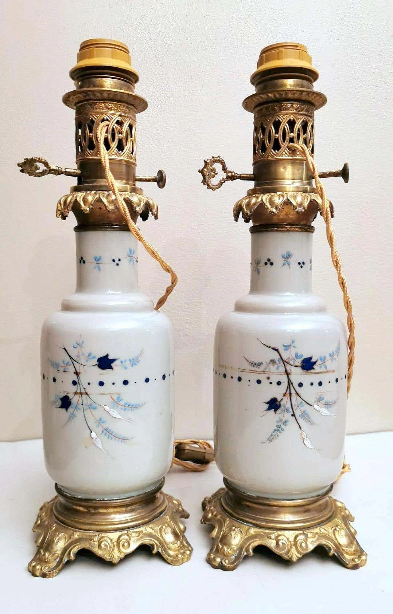 Pair of table lamps hand painted in opaline glass and bronze finishing, 20s 1246983