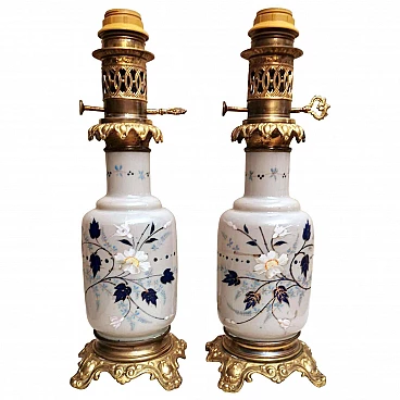 Pair of table lamps hand painted in opaline glass and bronze finishing, 20s