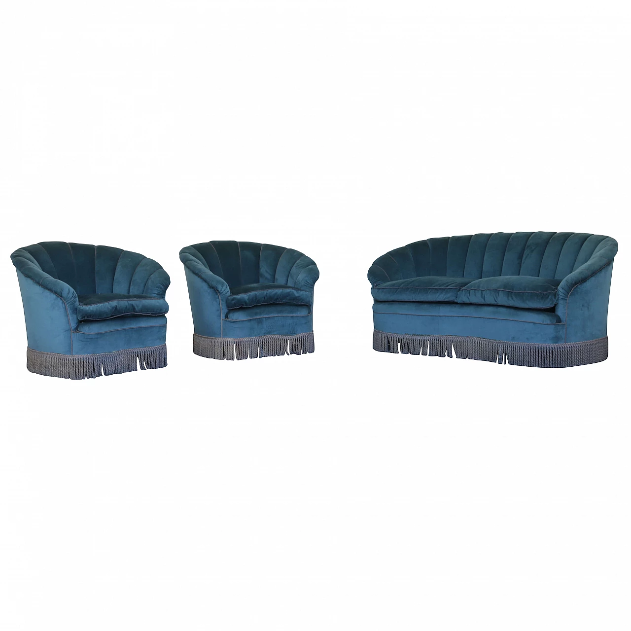 Sofa and two armchairs in turquoise velvet, 40s 1247776