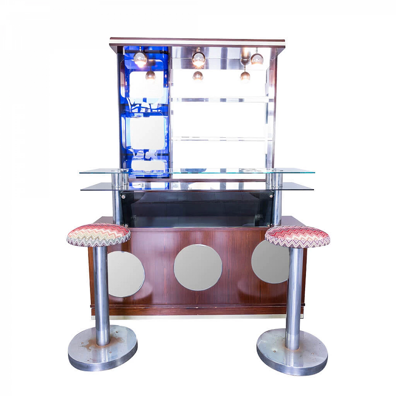 Mobile bar con 2 sgabelli in tessuto Missoni, anni '60 1247788